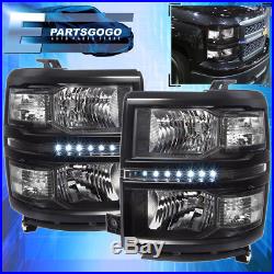 14-15 Silverado 1500 LED Black Replacement Headlights Lamps Clear Reflectors