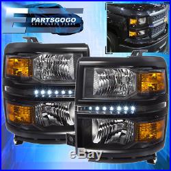 14-16 Chevy Silverado 1500 LED Black Housing Headlights Amber Reflectors Pair