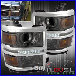 2014 2015 Chevy Silverado 1500 Smoke Lens Projector Led Drl Headlights Lh+rh Set