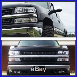 99-02 Chevy Silverado Chrome LED Halo Projector Headlights+Clear Bumper Lamps