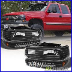 Black 1999-2002 Chevy Silverado 00-06 Suburban Tahoe Headlights+LED Bumper Lamps