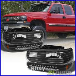 Black 1999-2002 Chevy Silverado 00-06 Suburban Tahoe Headlights+LED Bumper Lamps