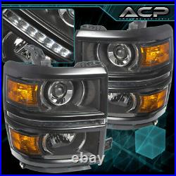 Black Amber DRL LED Projector Head Lights Lamps For 14-15 Chevy Silverado 1500