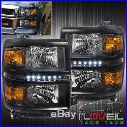 Black Amber LED DRL Headlights Lamps LH RH For 2014-2015 Chevy Silverado 1500