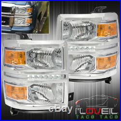Chrome Clear LED DRL Headlights Lamps LH RH For 2014-2015 Chevy Silverado 1500