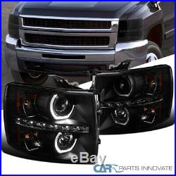 Fit Chevy 07-14 Silverado LED U Ring Halo Black Smoke Projector Headlights Pair