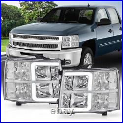 Fit For 2007-2013 Chevy Silverado LED DRL Tube Headlights Chrome/Clear