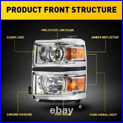 Fits 2014-2015 Chevy Silverado 1500 Projector Headlights Lamps Clear Chrome Trim