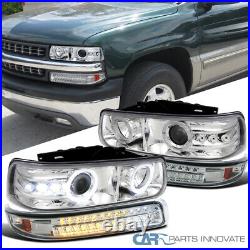 Fits 99-02 Silverado 00-06 Suburban Clear Projector Headlights+LED Bumper Lamps