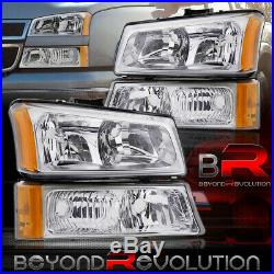 For 03-06 Chevy Silverado 4Pc Chrome Amber Headlights + Clear Lens Bumper Lamps