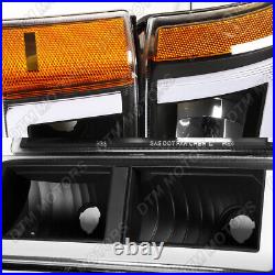 For 03-07 Chevy Silverado/02-06 Avalanche LED Bar Black Headlights+Bumper Lamps