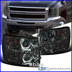 For 07-14 Chevy Silverado LED Halo Smoke Projector Headlights Tinted Head Lamps