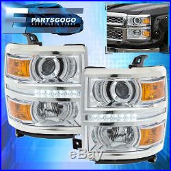 For 14-15 Chevy Silverado 1500 Chrome Housing Amber Projector LED DRL Headlights