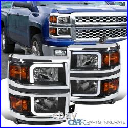 For 14-15 Chevy Silverado 1500 Pickup Black Headlamps withLED Light Bar Left+Right