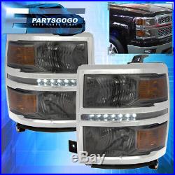 For 14-15 Silverado 1500 LED Smoked Replacement Headlights Lamps Amber Reflector