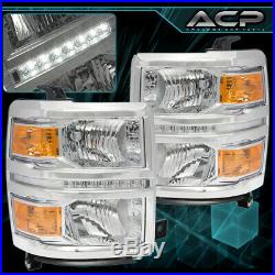 For 14-16 Silverado Replacement Front Headlight Lamp LED Daytime Running Chrome