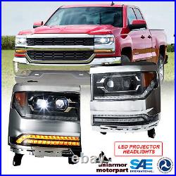 For 16-19 Chevy Silverado 1500 Dual Projector Headlights Full LED DRL Sequential