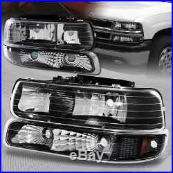 For 1999-2002 Chevy Silverado 2 Piece Black Housing Headlights + Bumper Lamps