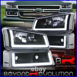 For 2003-2007 Chevy Silverado 1500 2500 3500 LED DRL Black Headlights + Bumpers