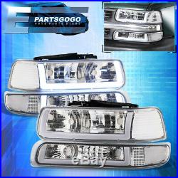 For 99-02 Silverado Tahoe LED DRL Chrome Housing Clear Lens Headlights Assembly