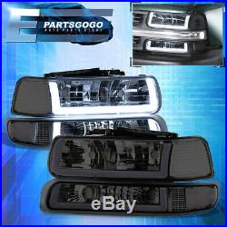 For 99-02 Silverado Tahoe LED DRL Chrome Housing Smoked Lens Headlights Assembly