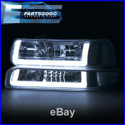 For 99-02 Silverado Tahoe LED DRL Chrome Housing Smoked Lens Headlights Assembly
