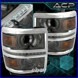 Smoke Amber DRL LED Projector Head Lights Lamps For 14-15 Chevy Silverado 1500